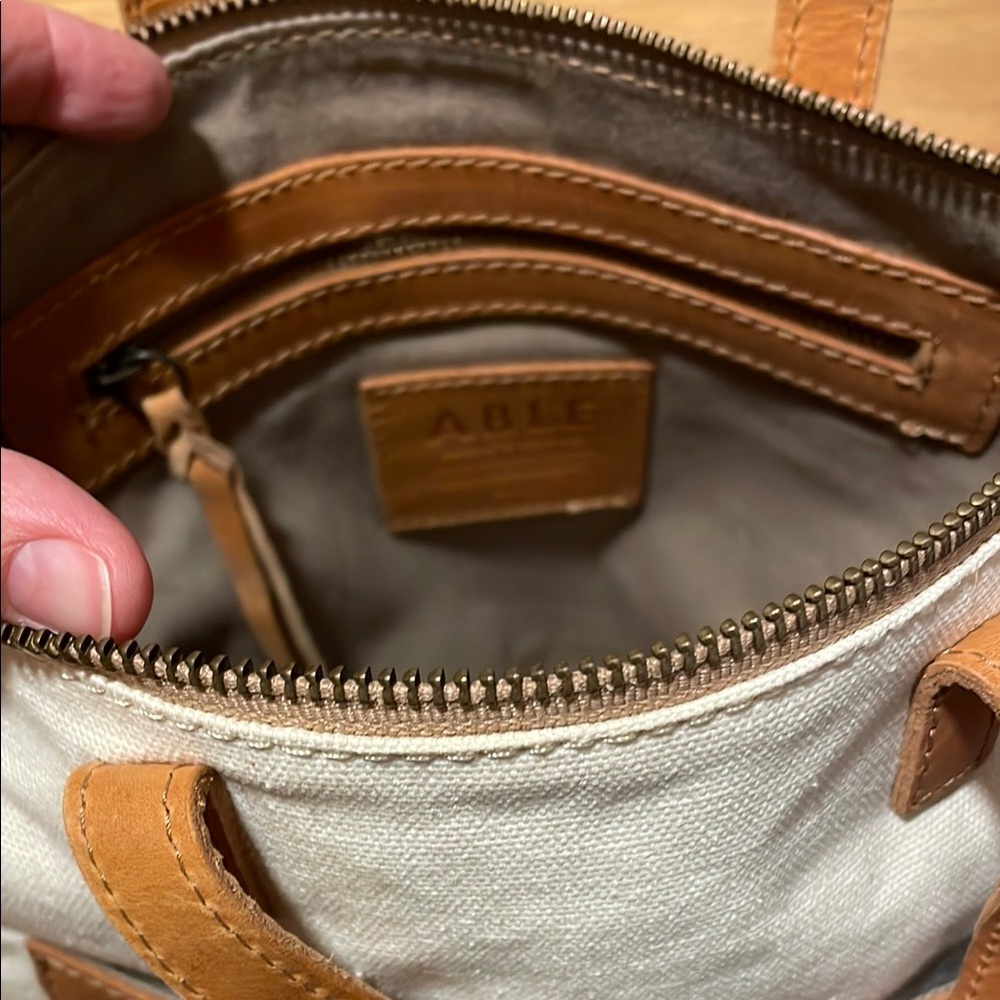 NWOT Able Tan Leather and White Canvas Crossbody Tote Bag - Picture 8 of 11
